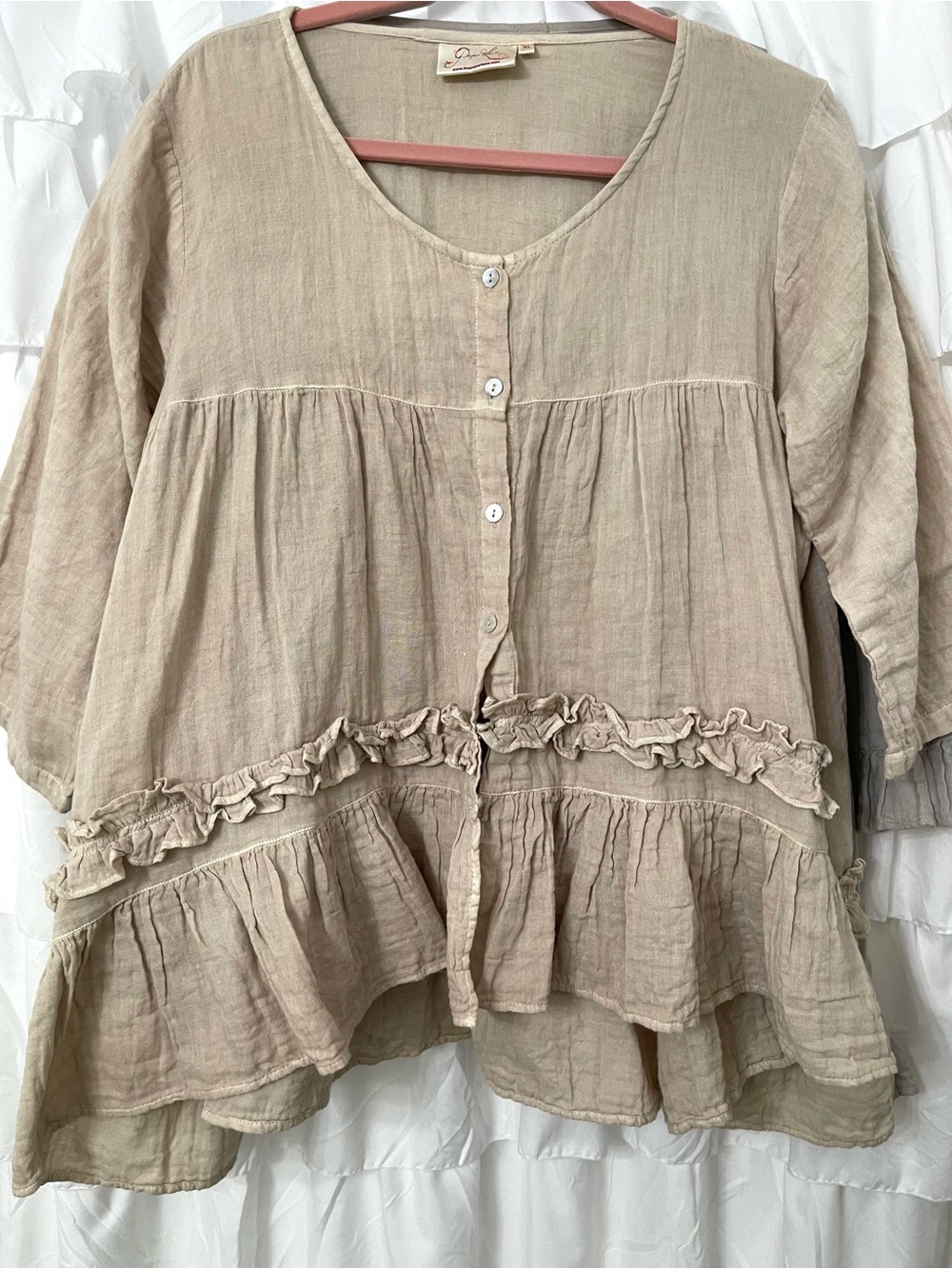 Paperlace Vintage Inspired Linen Ruffle-Tiered Button Front Blouse — Beige